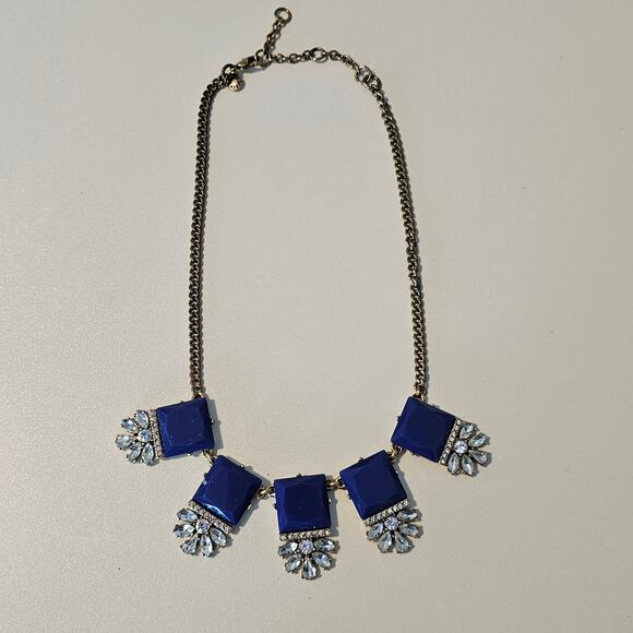 J Crew Art Deco Blue Square & Crystal Statement Necklace on Gold Chain - Picture 2 of 7